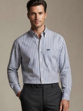 Faconnable Blue and White Vertical Stripe Dress Shirt Size L